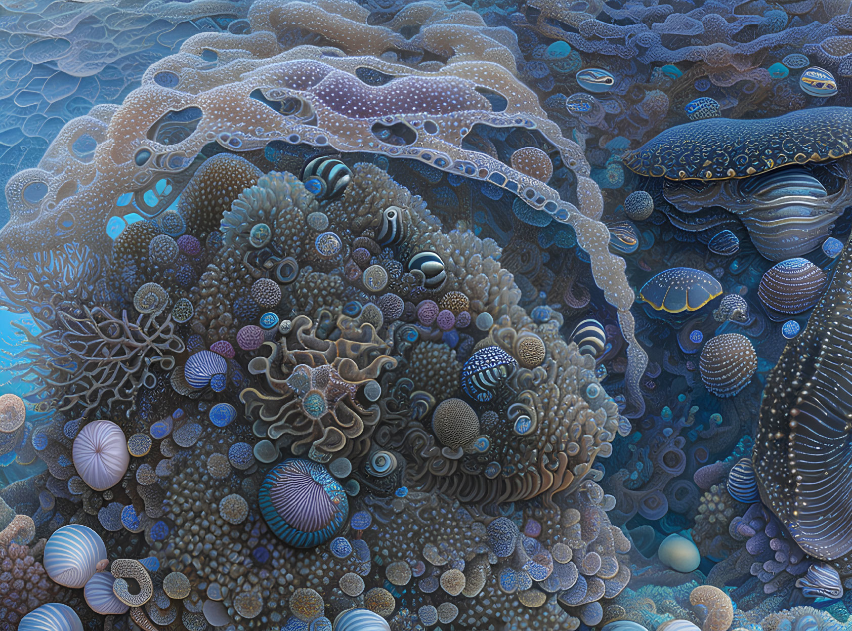 Detailed underwater digital artwork with textured corals, sea creatures, and marine life in blues and purp