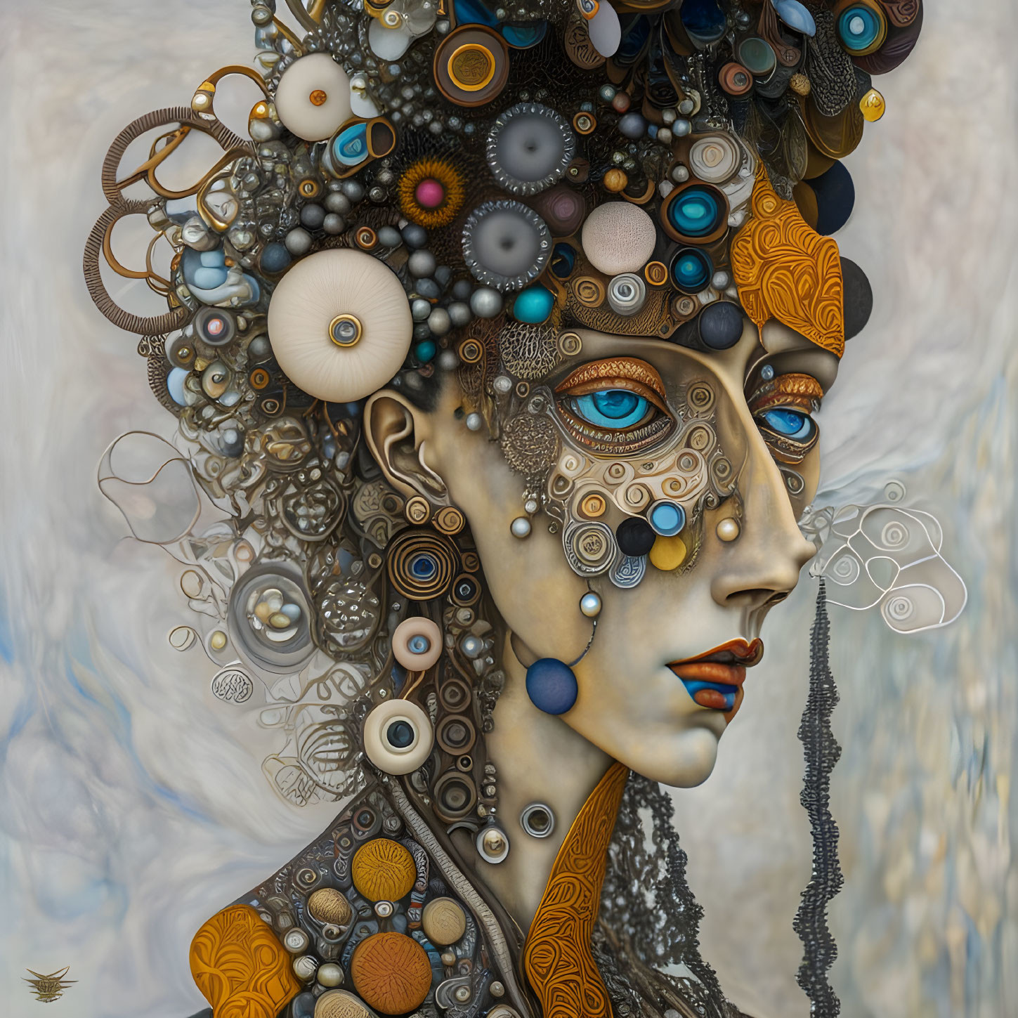 Surreal steampunk-inspired portrait with mechanical adornments on cloudy backdrop