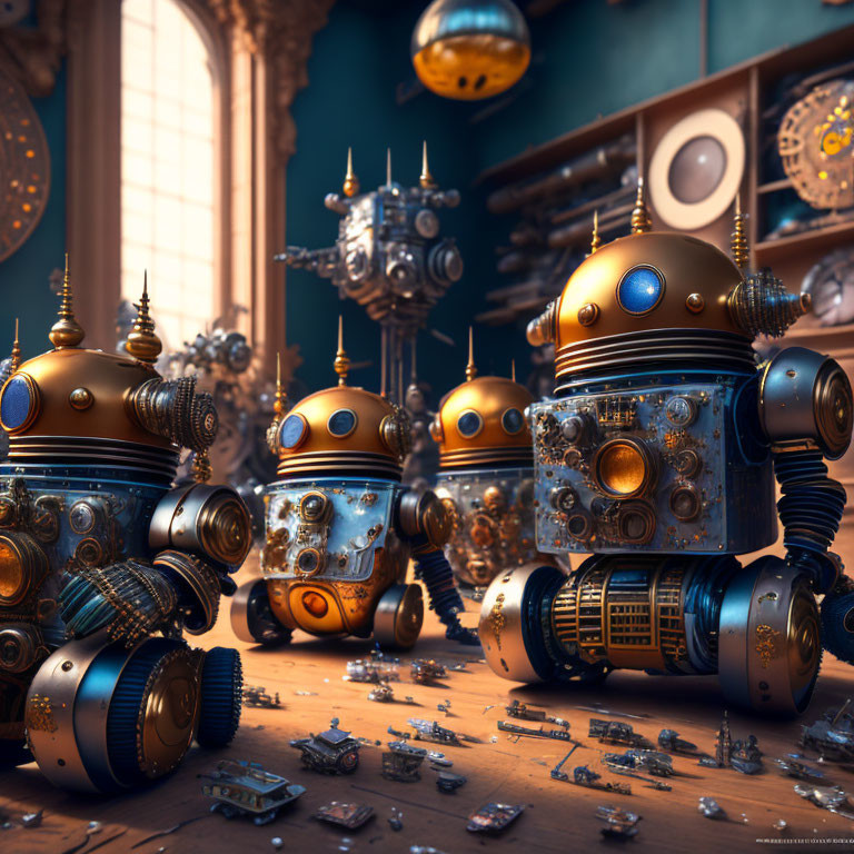 Intricately designed steampunk robots in workshop setting