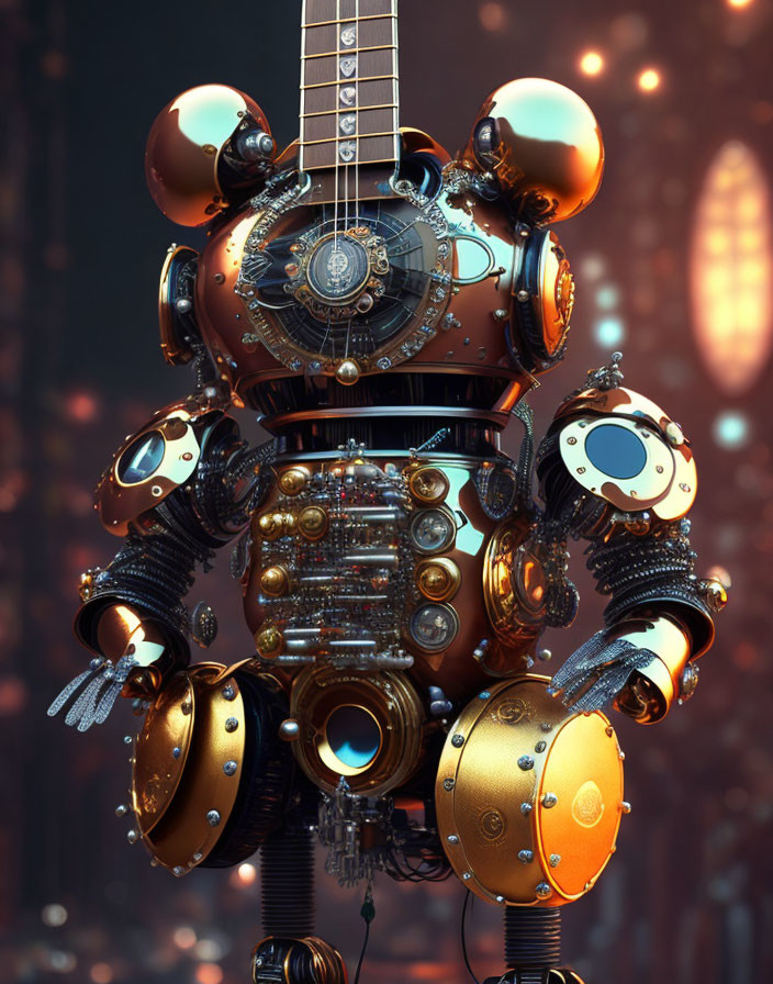 Detailed Robot with Guitar Elements Against Bokeh Light Background