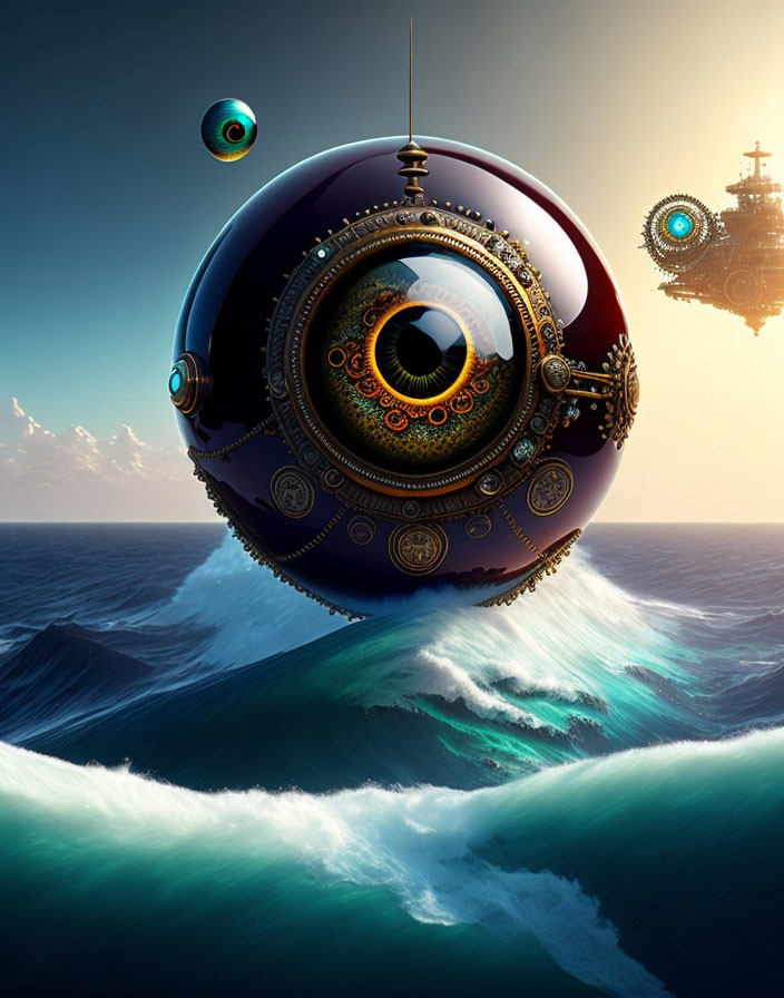 Intricate eye-shaped airship floats above ocean waves