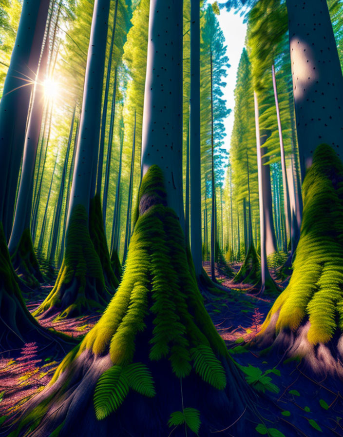 Lush forest with tall trees and green moss under sunlight