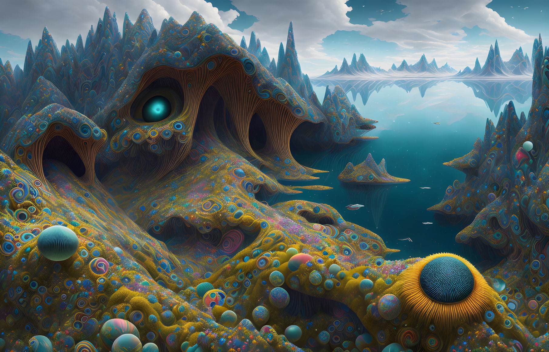 Vibrant surreal landscape: eye and mouth hills, floating islands, colorful patterns