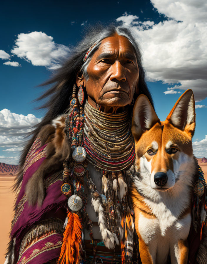 Indigenous person in traditional attire with corgi against desert backdrop