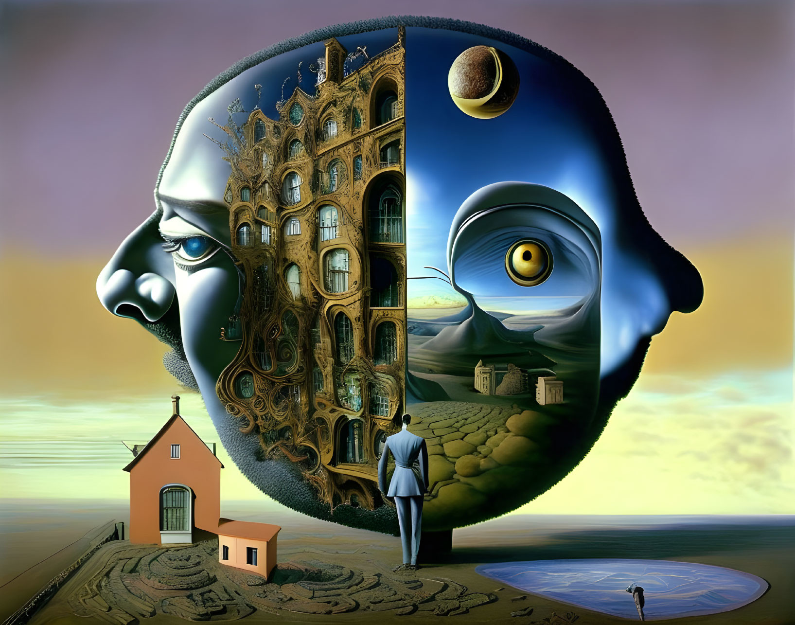 Surreal face-shaped landscape with architectural elements and sun eye