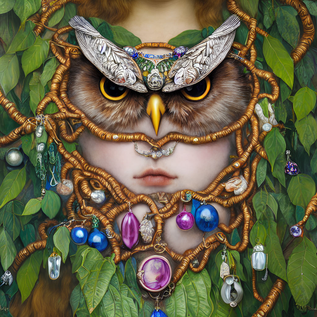 Surreal portrait of owl-human hybrid with ornate jewelry and green foliage.