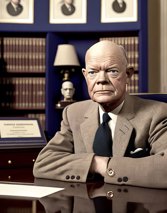 Stern older man in beige suit at bookshelf