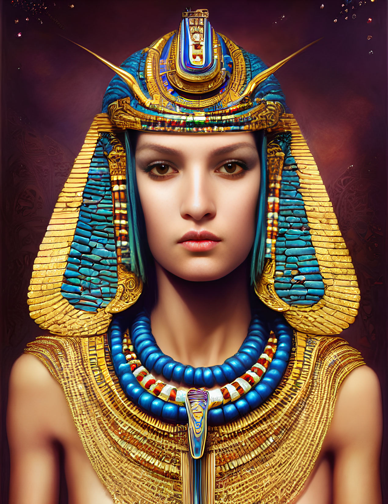 Digital Art: Woman as Ancient Egyptian Pharaoh with Vibrant Headdress