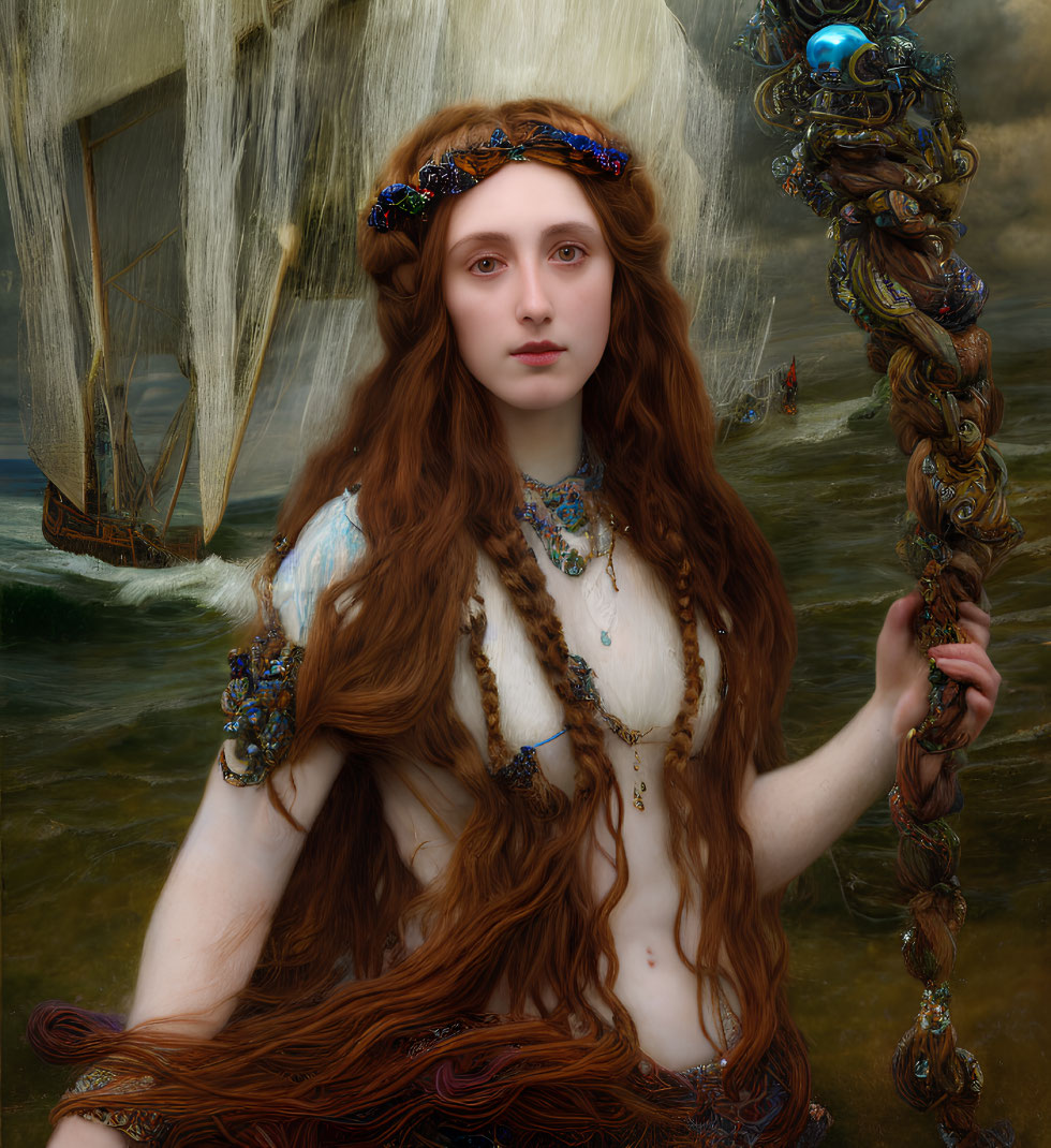 Fantasy red-haired woman with jeweled headband and staff in water with ship.