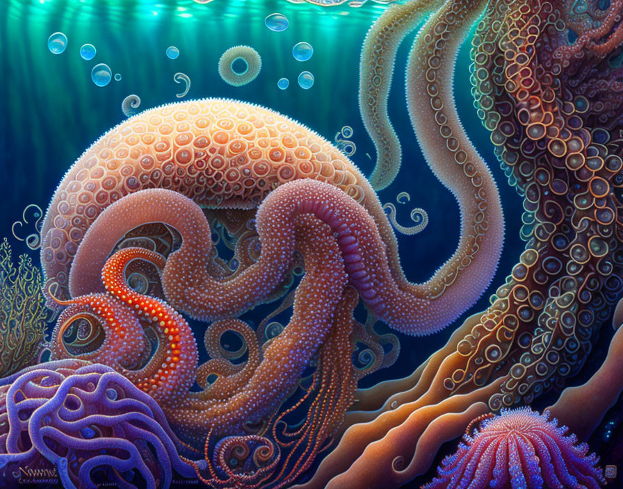 Vibrant underwater scene with orange octopus and colorful coral