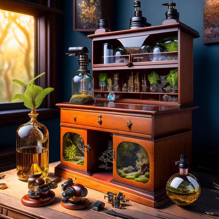 Vintage Wooden Cabinet with Glass Terrariums, Plants, and Scientific Equipment Against Teal Wall and Autumn