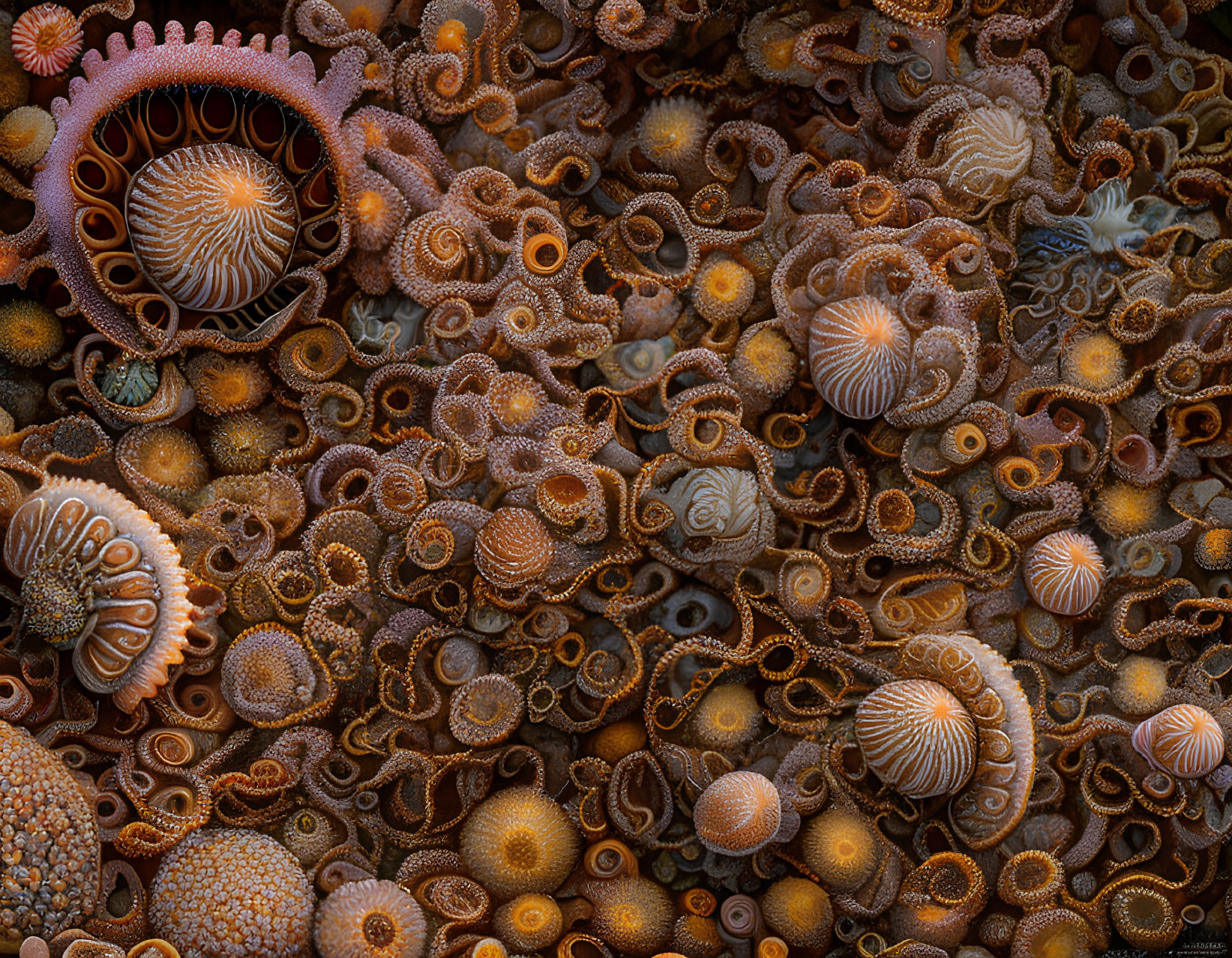 Detailed Artwork of Sea Anemones and Marine Textures in Rich Oranges and Browns