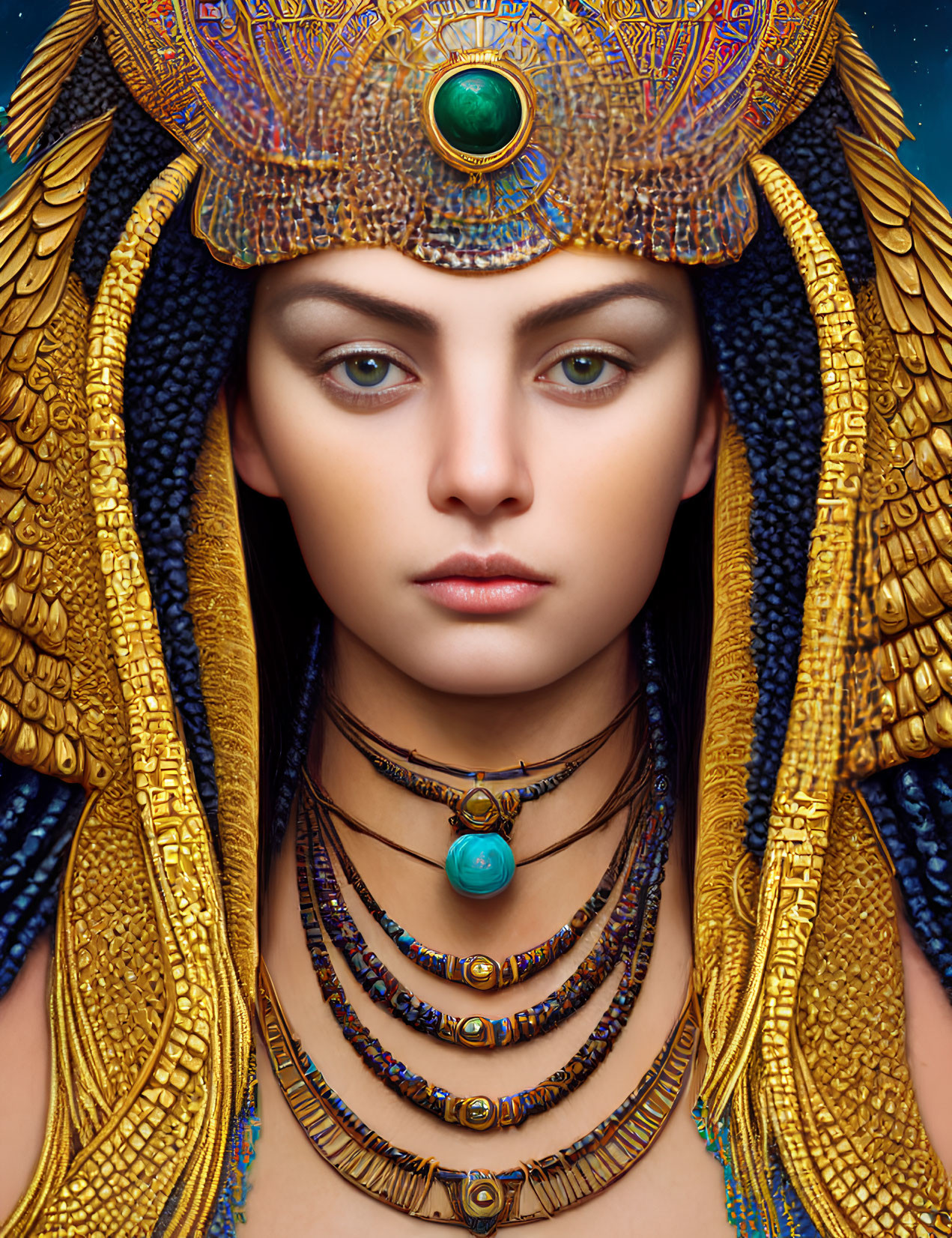 Digital Artwork of Woman in Egyptian Headdress and Jewelry