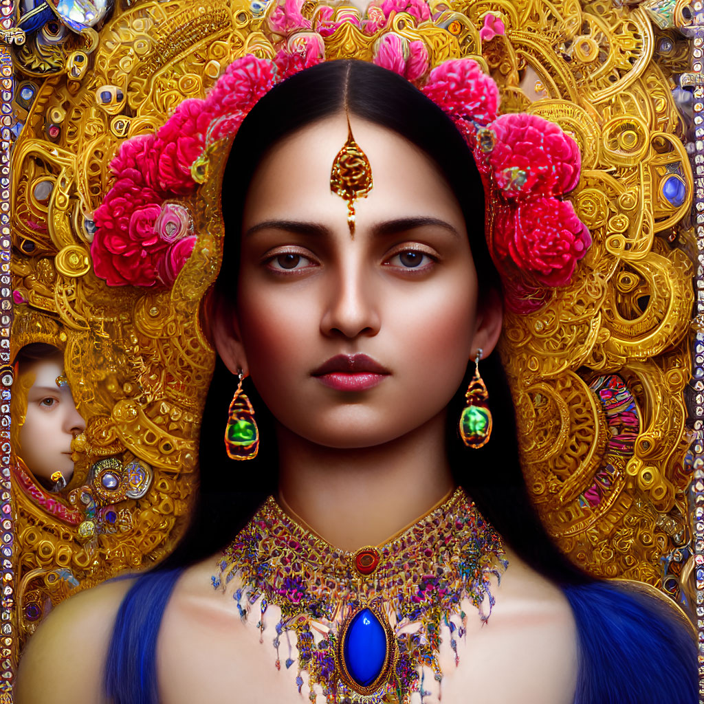 Portrait of a Woman with Jeweled Headpiece and Necklace in Intricate Gold Frame