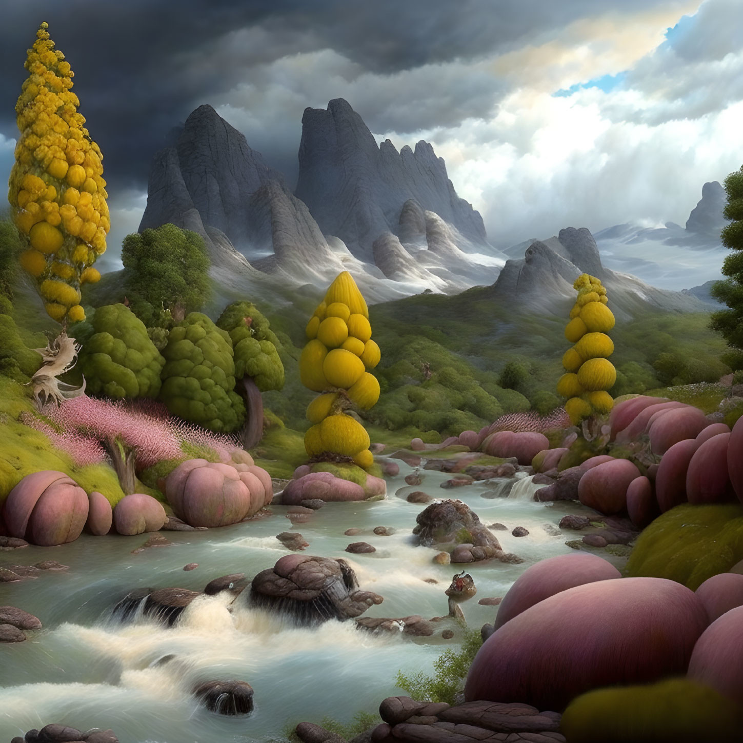 Vibrant surreal landscape with colorful flora, river, mountains, deer, and dramatic sky