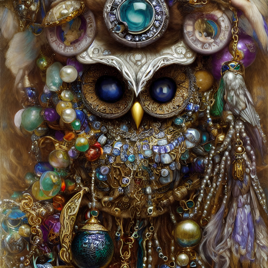 Detailed owl adorned with extravagant jewelry and trinkets.