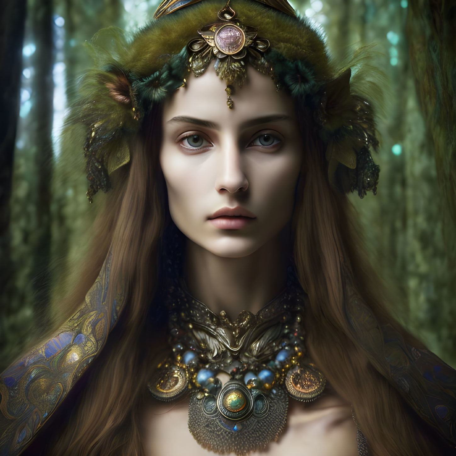 Enchanted forest fantasy portrait with nature-inspired jewelry