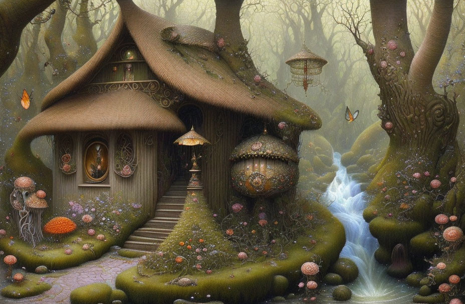 Fantasy Cottage in Lush Forest with Stream, Mushrooms, Lanterns, Butterflies