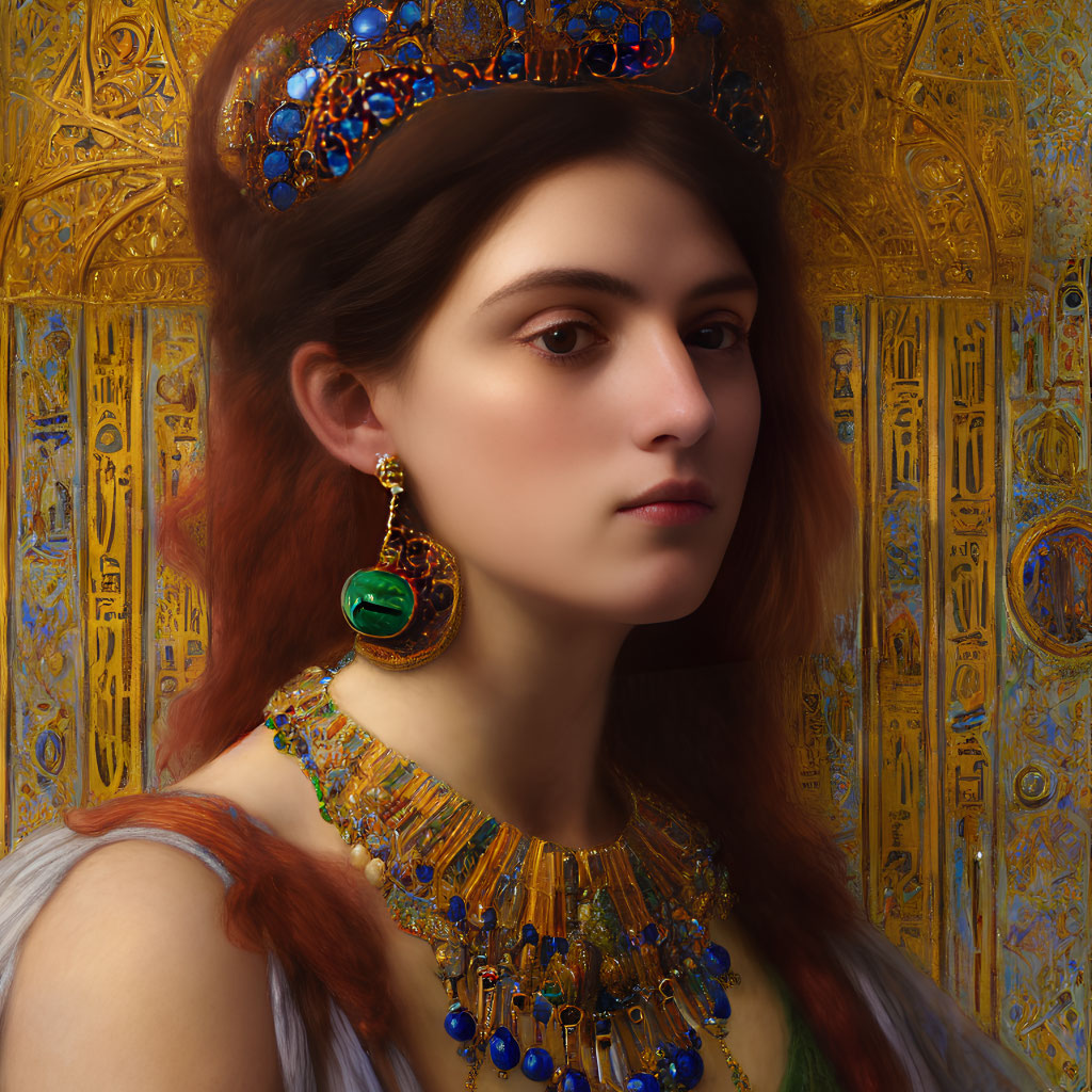 Woman portrait with jeweled crown and intricate golden patterns - regal and historical ambiance