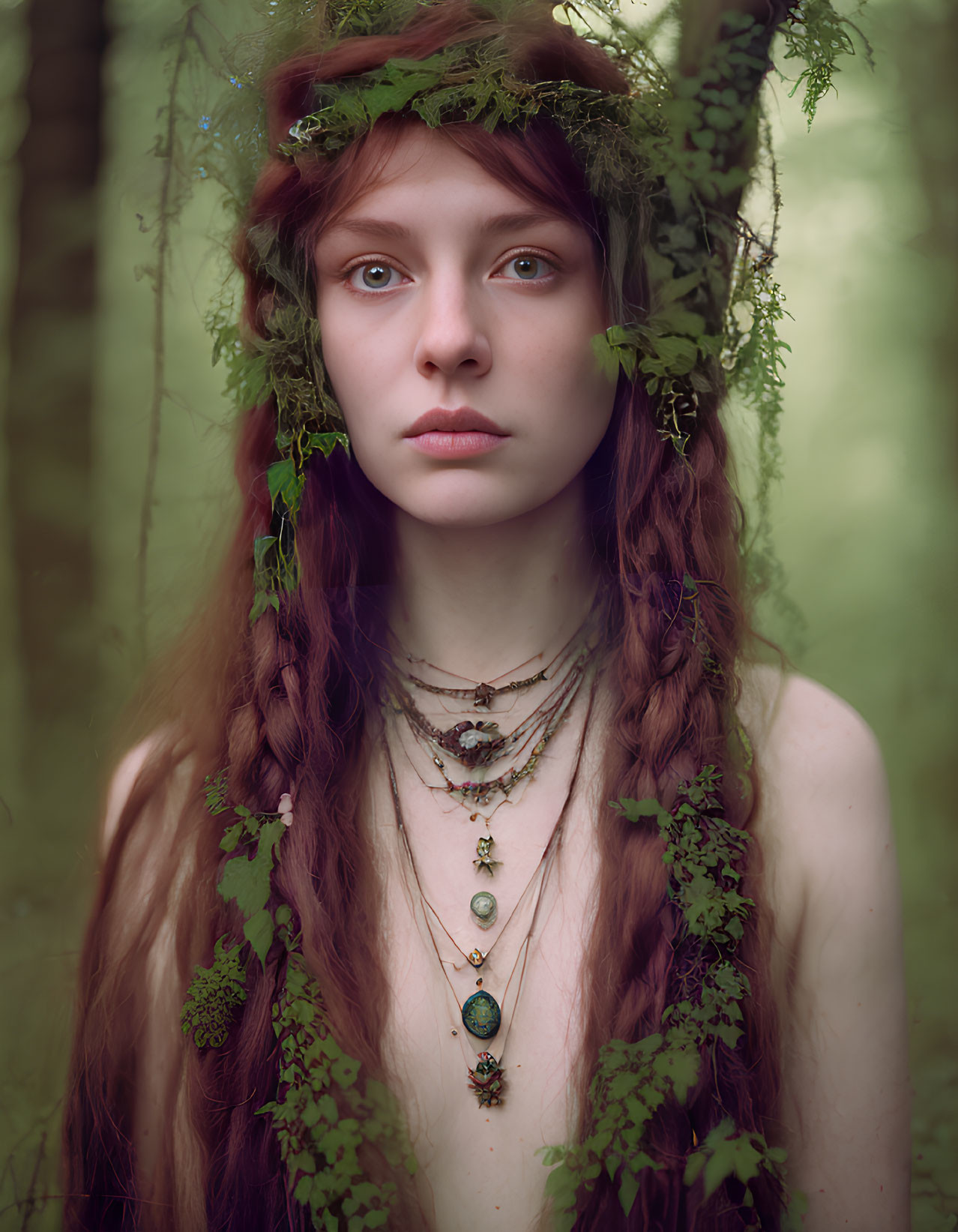 Woman with braided hair and jeweled necklace in serene forest setting