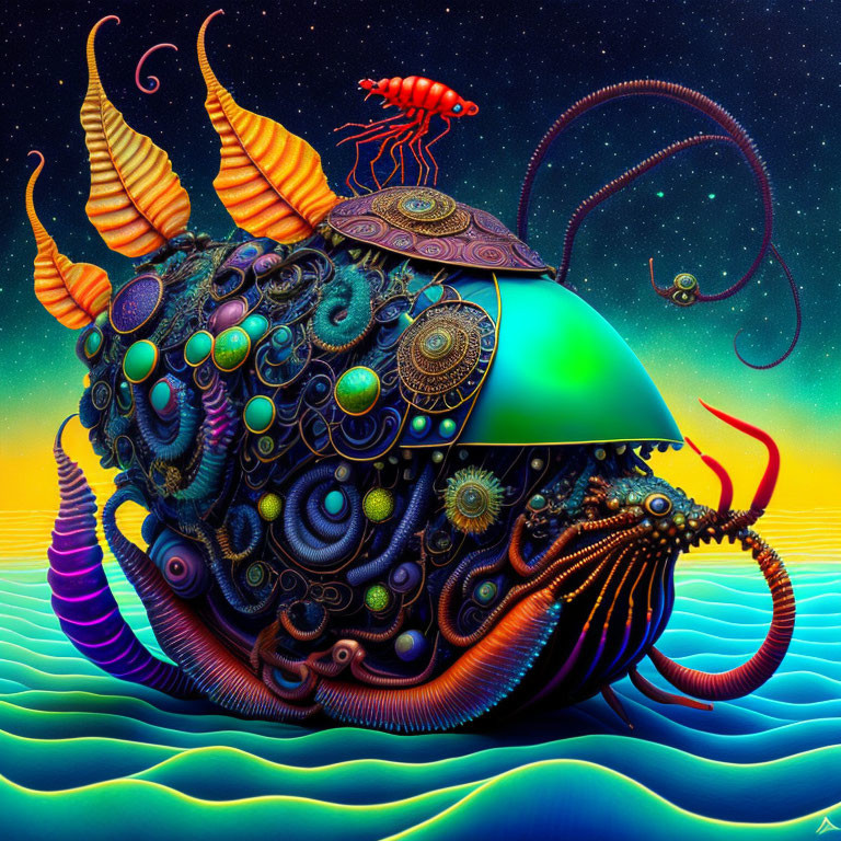 Colorful surreal sea creature illustration with tentacles and fins against starry sky