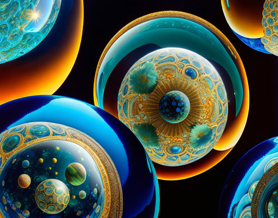 Colorful Fractal Spheres on Dark Background: Cosmic and Abstract Patterns