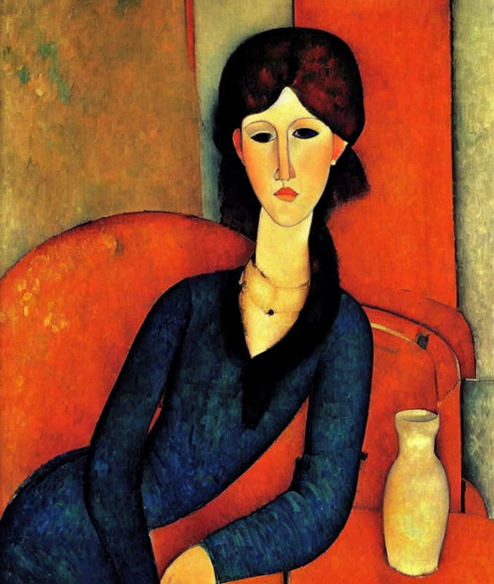 Portrait of Woman in Navy Dress with Auburn Hair on Orange Chair