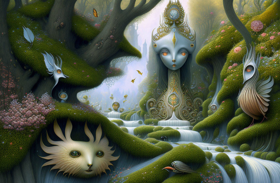 Surreal forest scene with anthropomorphic creatures and mystical figure