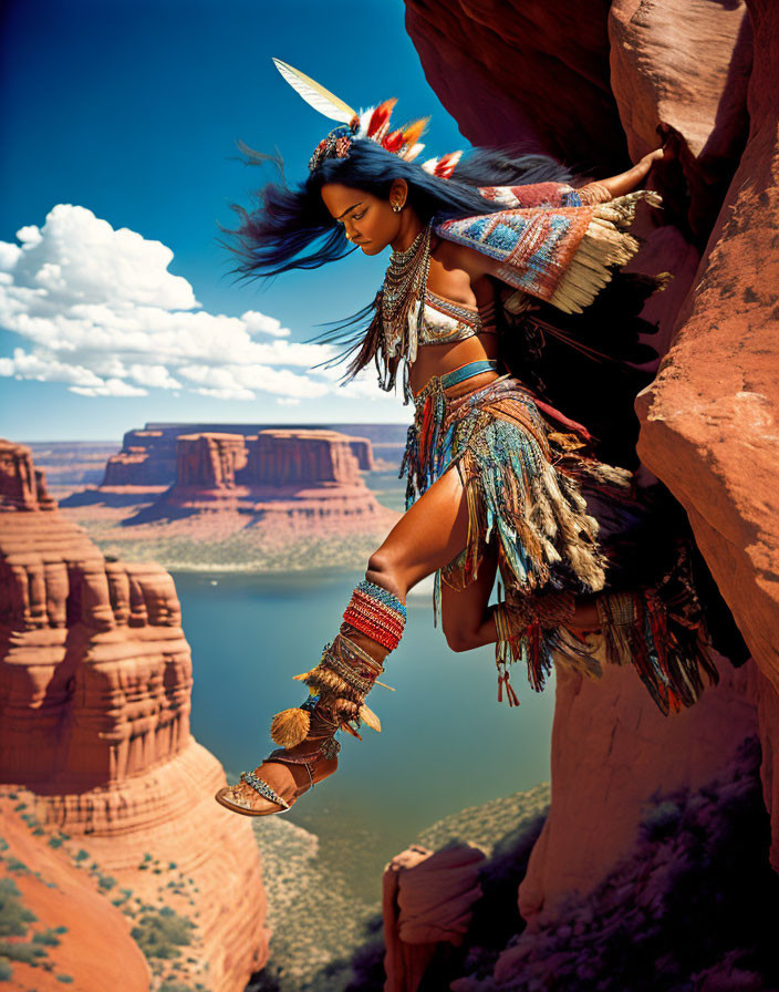 Native American-inspired attire person poses on rocky ledge with desert canyon backdrop