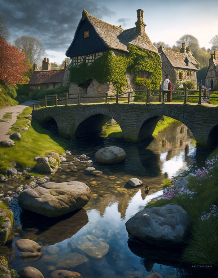 Tranquil village scene with thatched cottage, stone bridge, lush greenery, and blooming