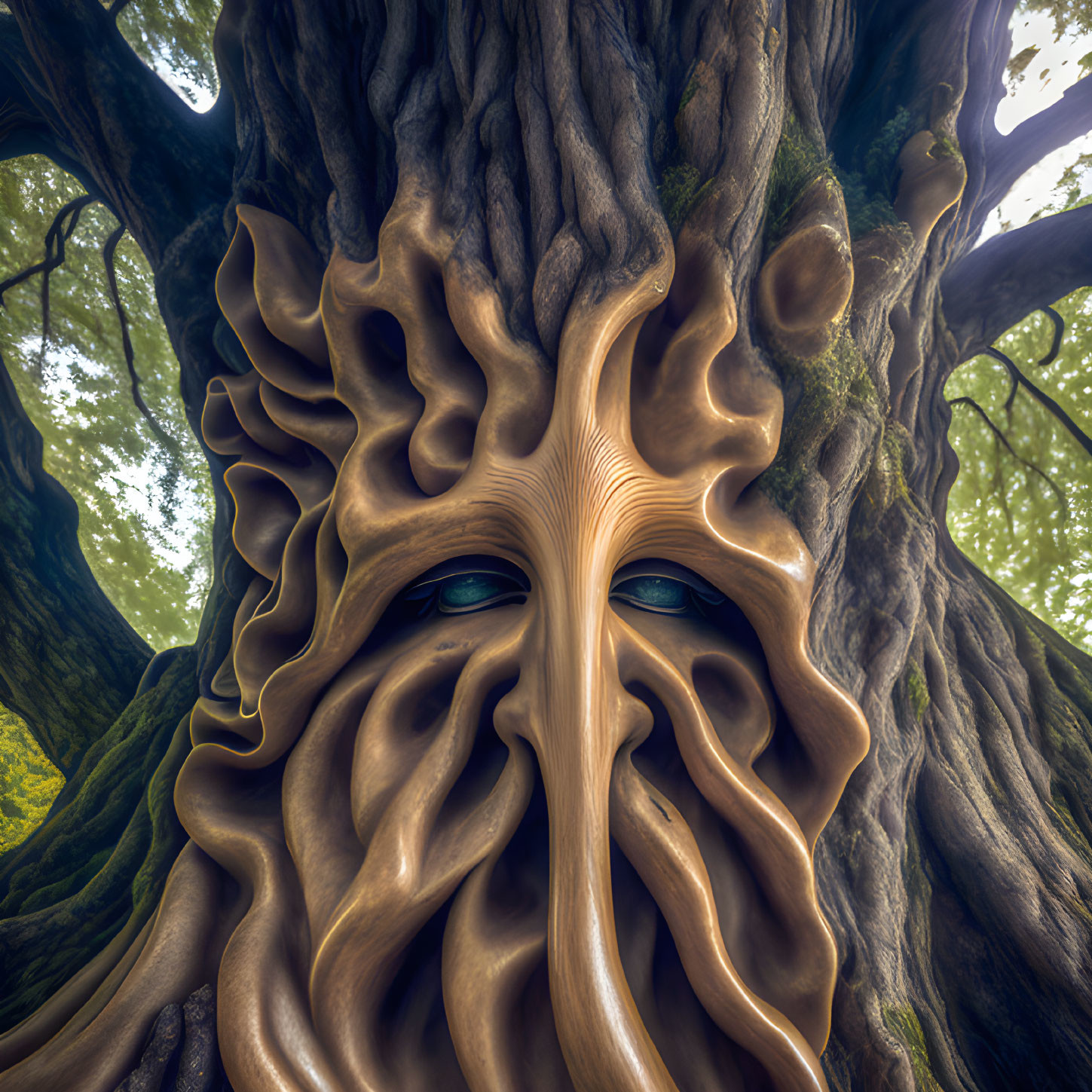 Detailed tree with face: intricate textures, deep-set eyes conveying wisdom.