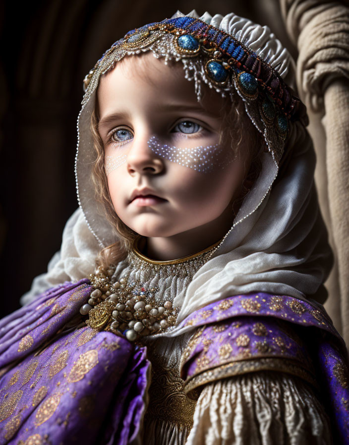 Medieval-style portrait of a young child in purple dress and headdress