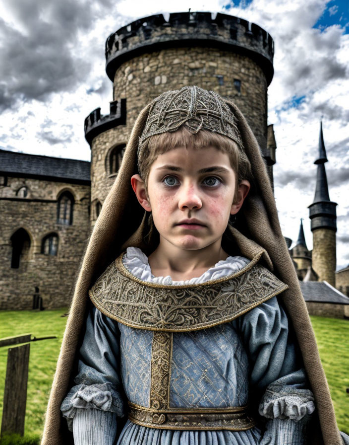 Medieval-themed artwork: Young boy in front of castle under cloudy skies