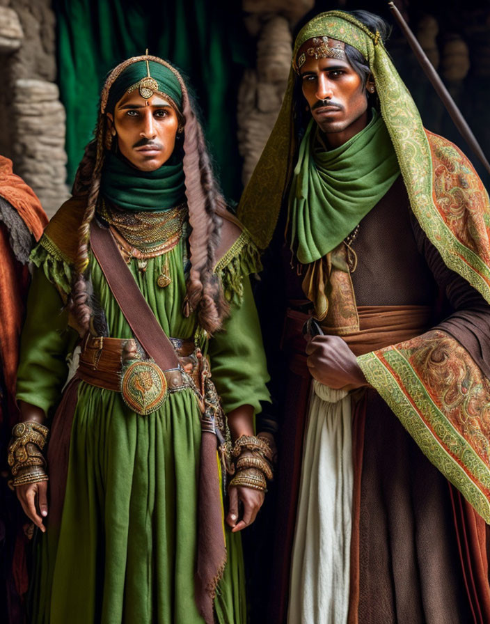 Individuals in traditional desert attire beside stone columns