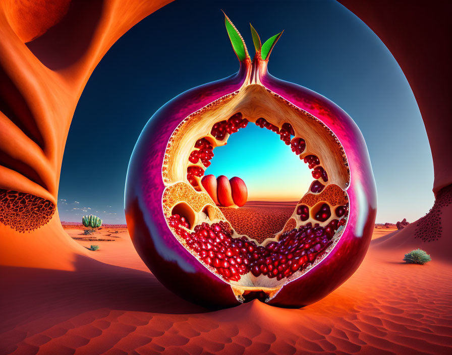 Surreal desert landscape with giant pomegranate archway