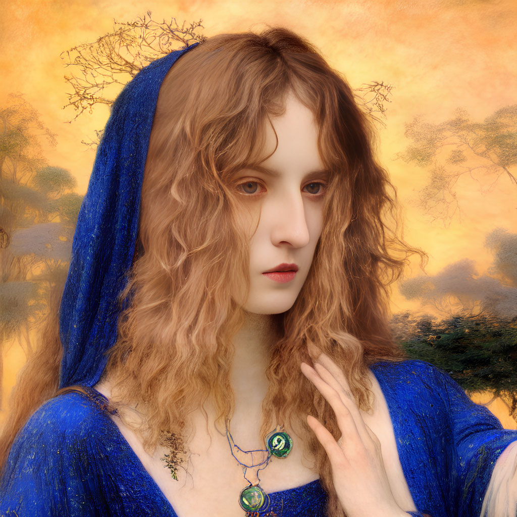 Portrait of woman with curly hair in blue cloak and green necklace on golden background with trees