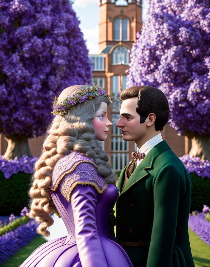 Elegant animated couple in love amid a garden with castle & purple flowers