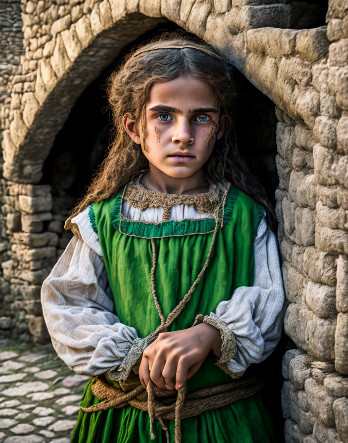 Young girl with blue eyes and curly hair in historical costume and stone archway.