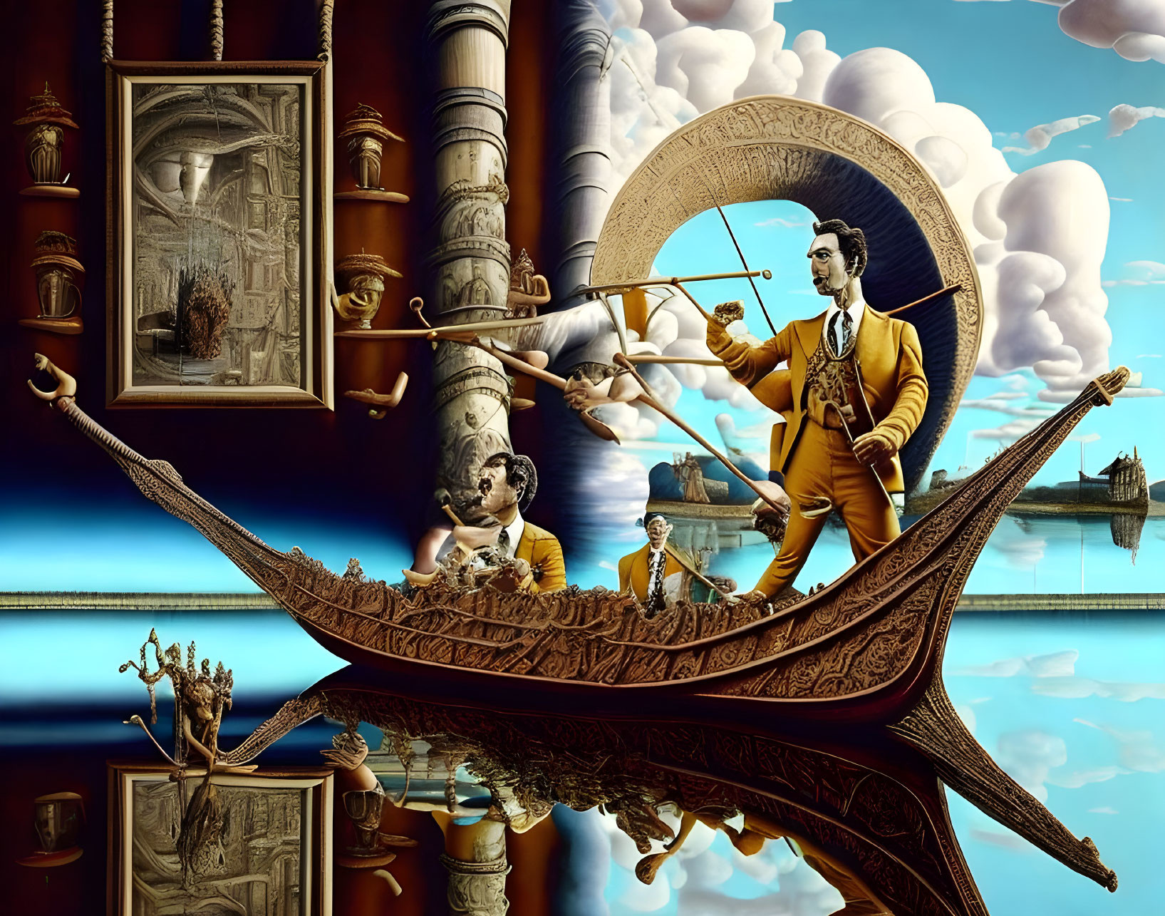 Surrealist artwork: Man in yellow suit rowing boat with multiple versions of himself