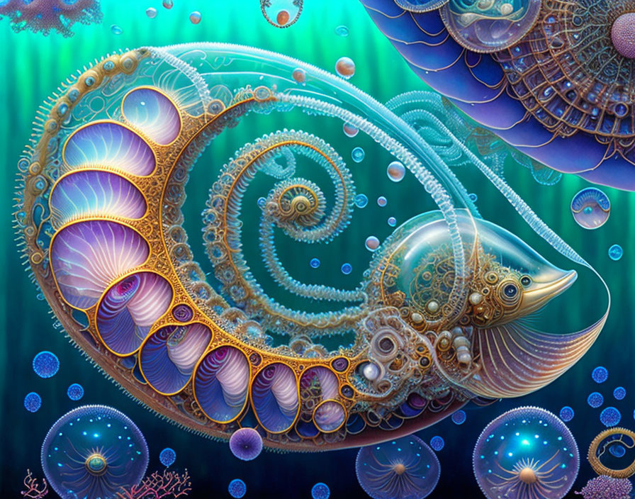 Colorful Nautilus-Like Creature with Spiral Patterns in Underwater Scene