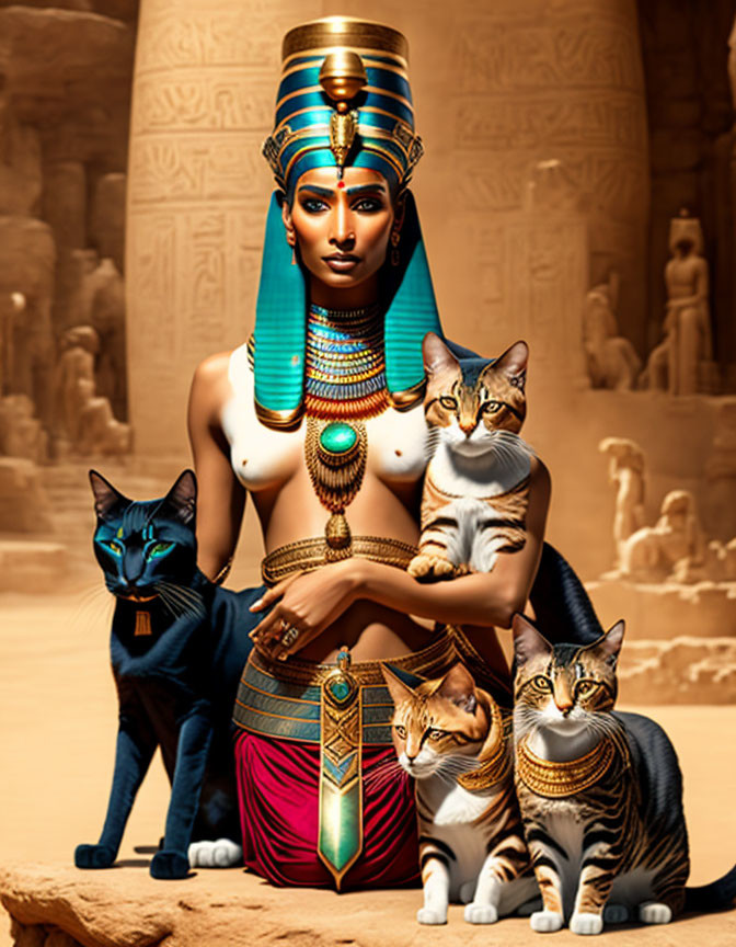 Regal woman in Ancient Egyptian attire with cats and architecture.