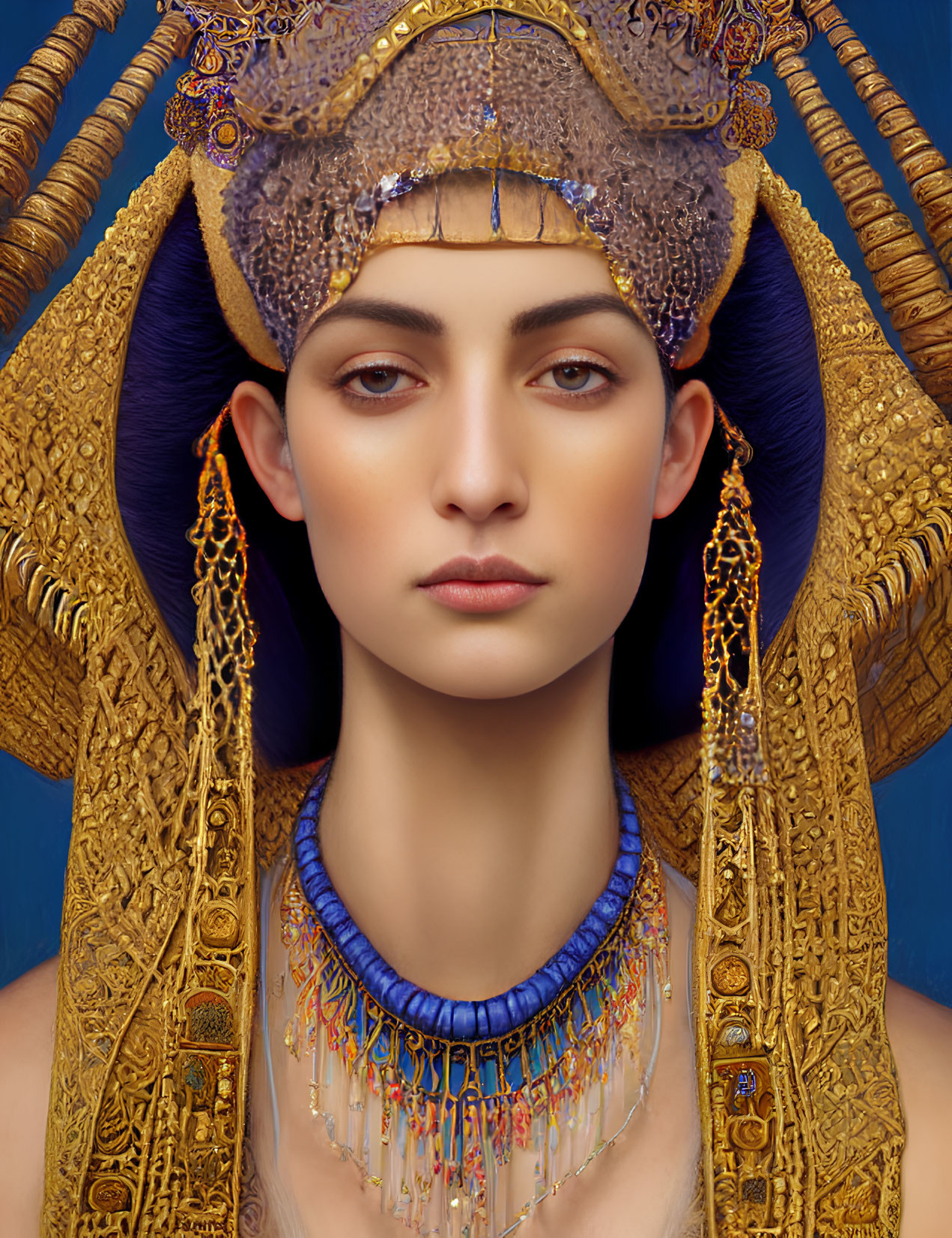 Egyptian Pharaoh Woman with Golden Headdress and Jewelry on Blue Background