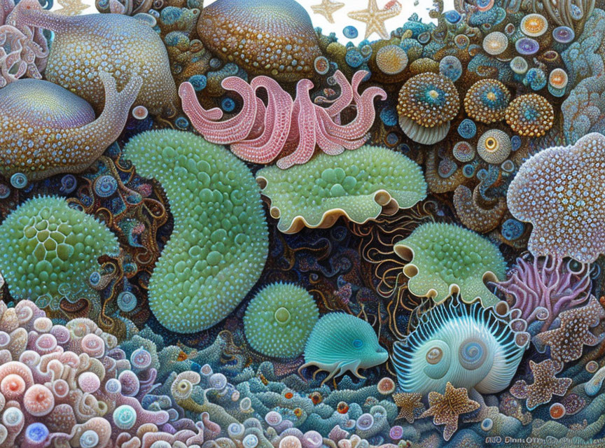 Detailed illustration of stylized sea creatures and coral in vibrant blues, greens, and purples