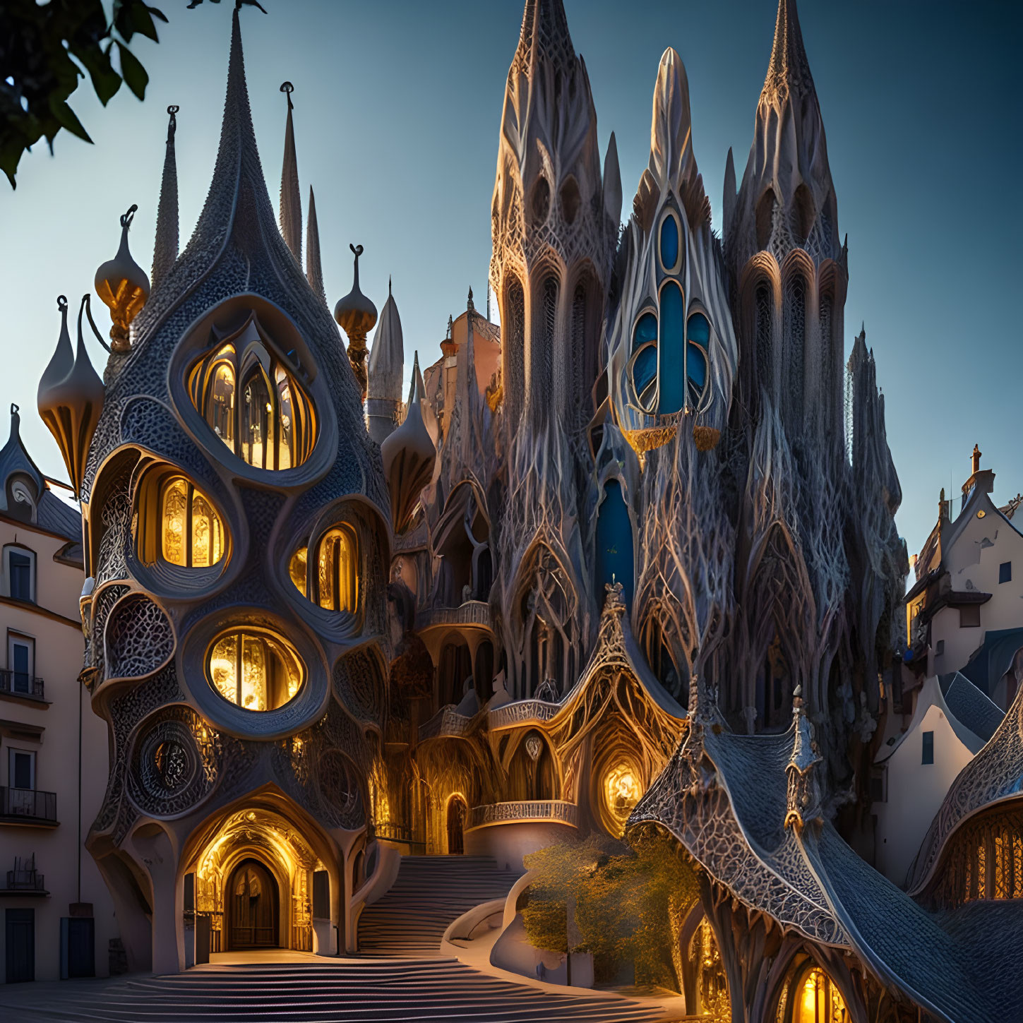 Fantasy architecture with gothic spires and glowing windows at dusk