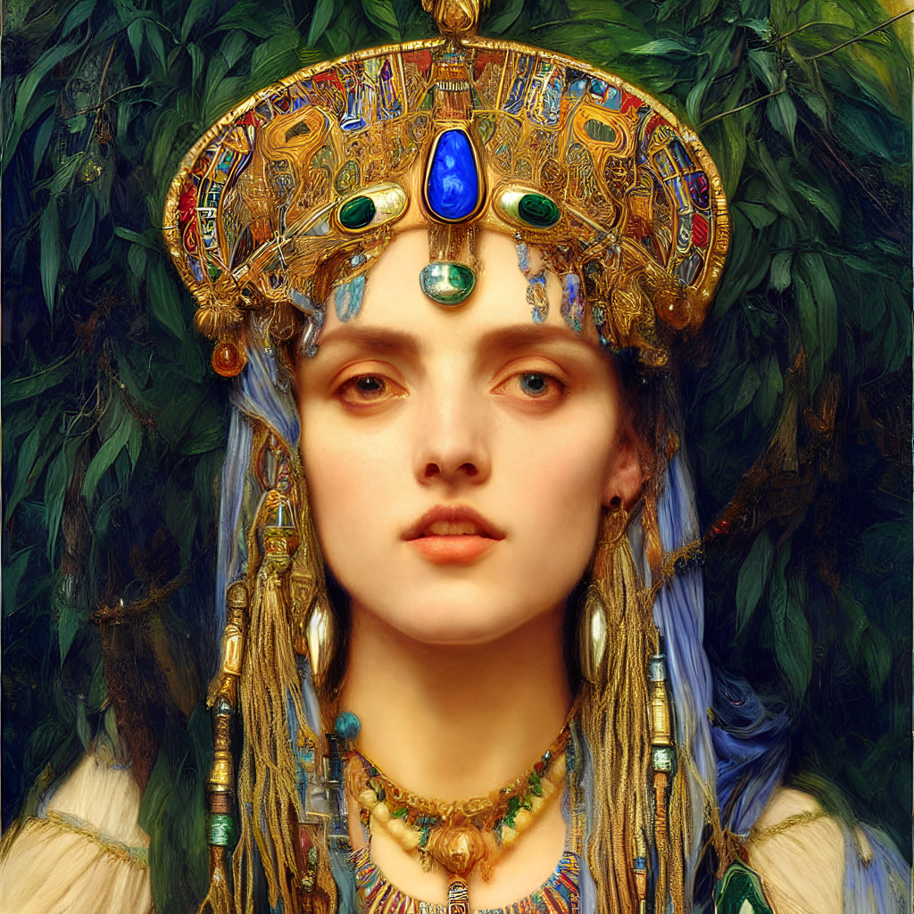 Portrait of Woman with Golden Headdress and Gemstones in Lush Setting