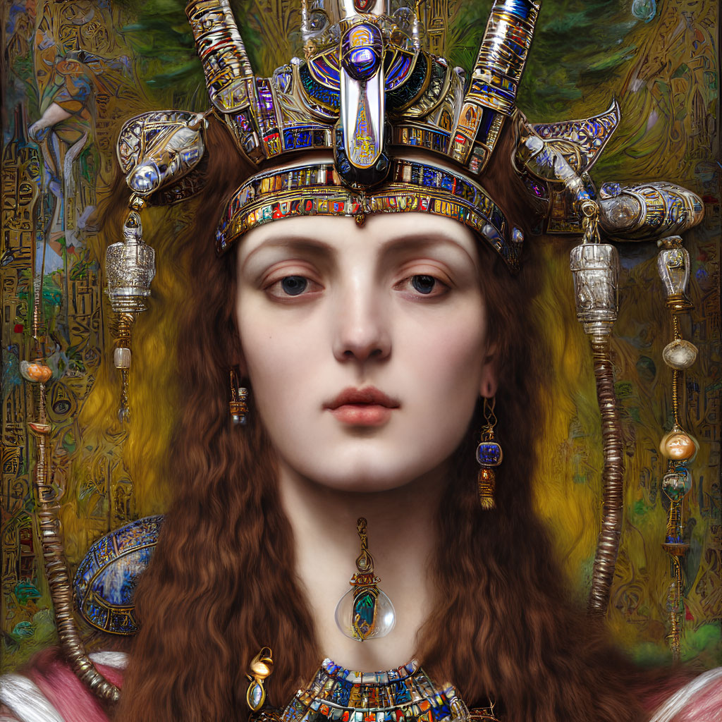 Detailed portrait of woman styled as ancient Egyptian pharaoh with intricate headdress and jewelry.