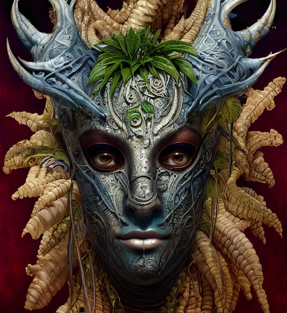 Fantasy portrait of creature with ornate headgear, metallic skin, and plant motifs