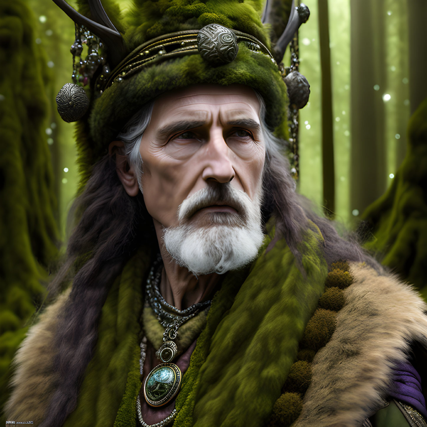 Elderly man in forest-themed attire with fur cloak and headdress