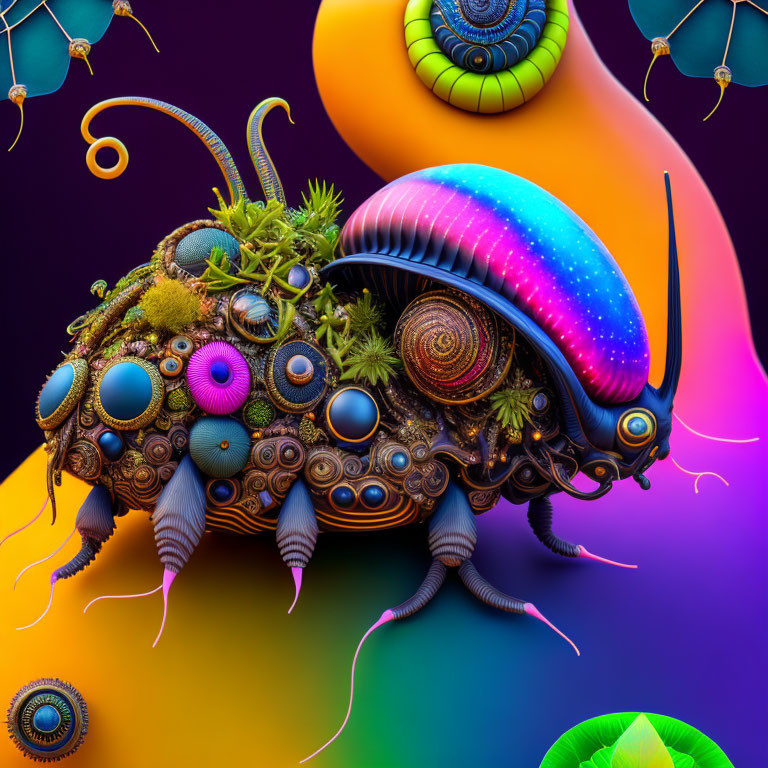 Colorful surreal creature with shell-like structures on abstract background