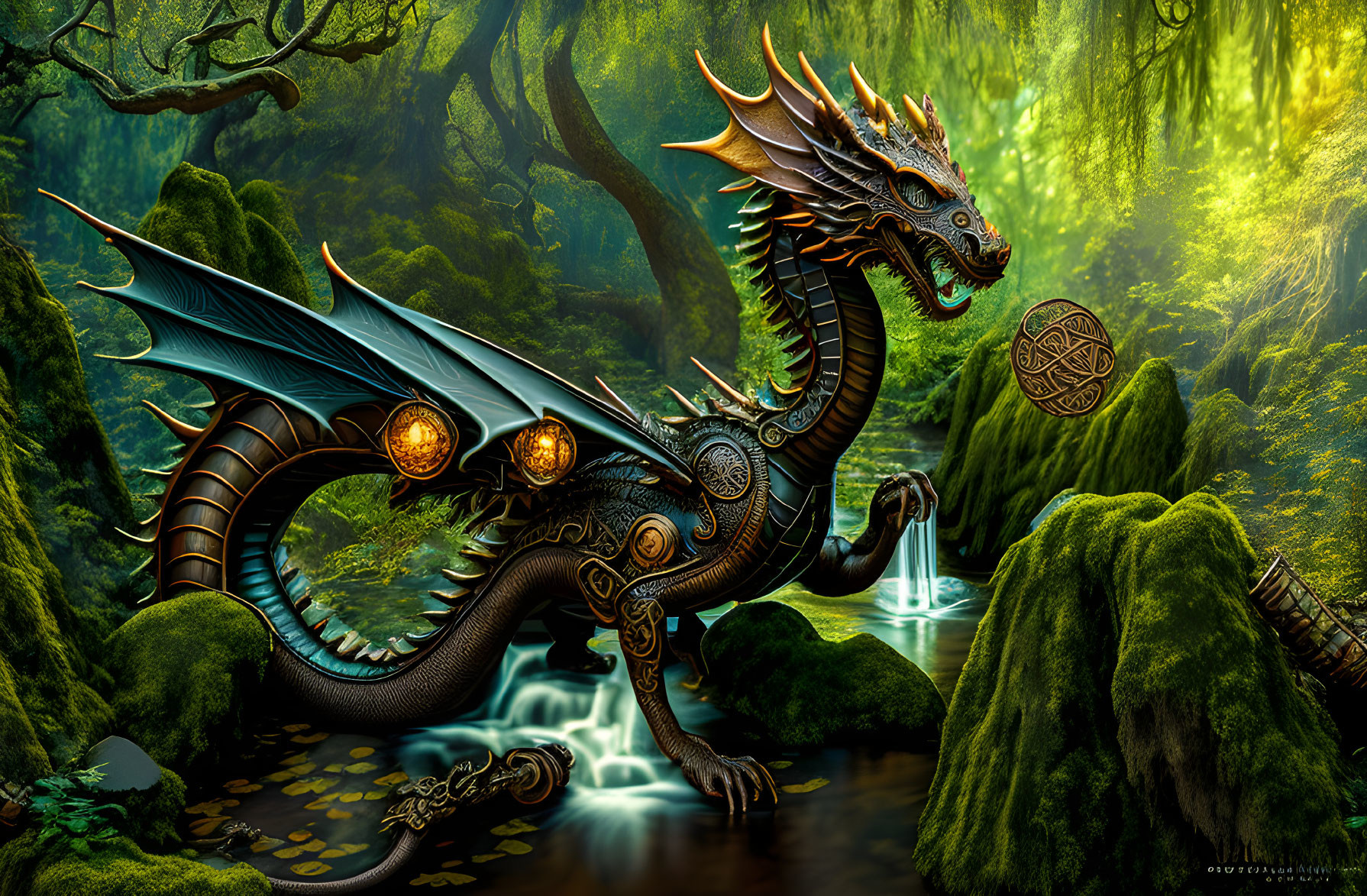 Intricate gear-designed mechanical dragon in mystical forest